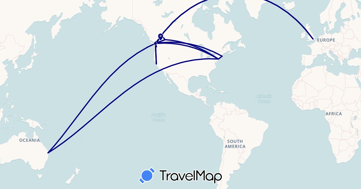 TravelMap itinerary: driving, plane in Australia, Canada, United Kingdom, United States (Europe, North America, Oceania)